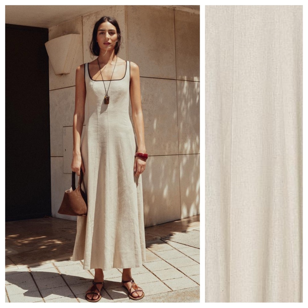 Zara Natural Cream Midi Dress with Black Trim